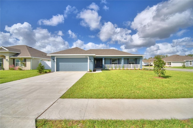 ranch-style house with a front yard, a porch, and a garage