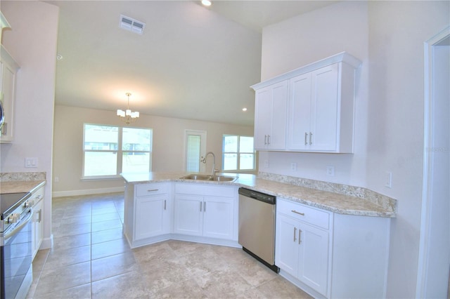 kitchen with kitchen peninsula, sink, white cabinets, and appliances with stainless steel finishes