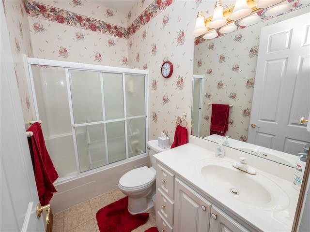 full bathroom featuring tile flooring, shower / bath combination with glass door, toilet, and large vanity