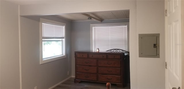 bedroom featuring dark hardwood / wood-style floors, wood ceiling, and electric panel