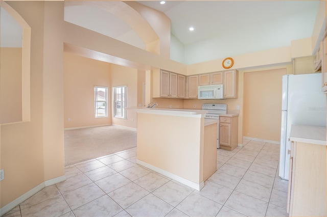 kitchen featuring high vaulted ceiling, light brown cabinetry, white appliances, and light colored carpet