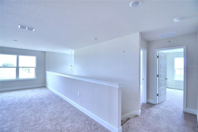 hall with a textured ceiling, carpet floors, and plenty of natural light