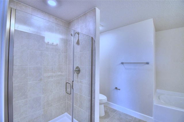 bathroom with tile patterned floors, toilet, and plus walk in shower