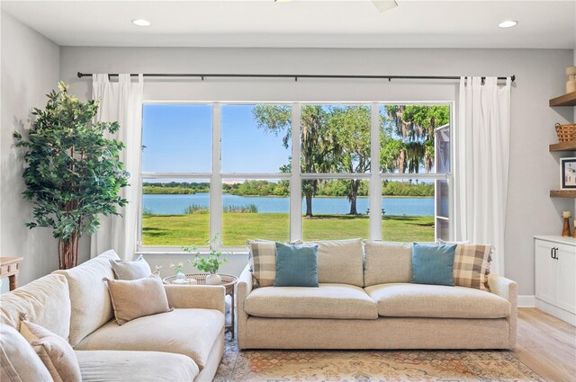 living room featuring light hardwood / wood-style flooring, plenty of natural light, and a water view