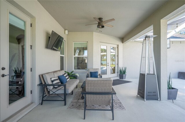 view of patio / terrace featuring french doors, an outdoor hangout area, and ceiling fan