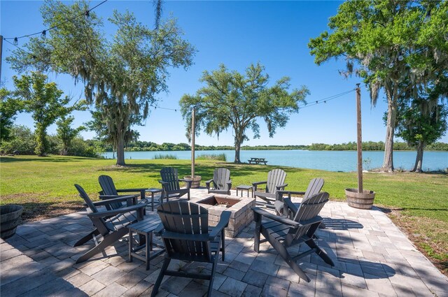 view of patio featuring a fire pit and a water view