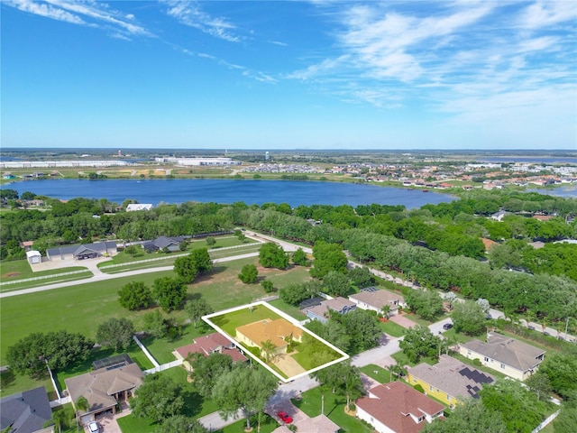 drone / aerial view with a water view