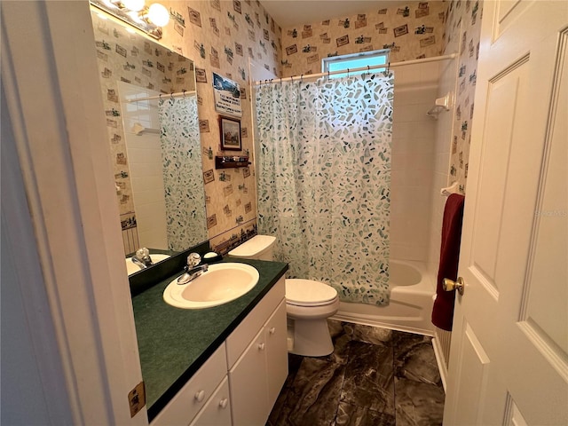 full bathroom featuring tile floors, toilet, oversized vanity, and shower / tub combo with curtain