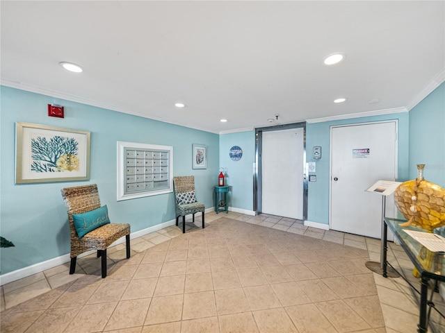 sitting room with crown molding and light tile floors