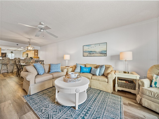 living room featuring a textured ceiling, ceiling fan, and light wood-type flooring