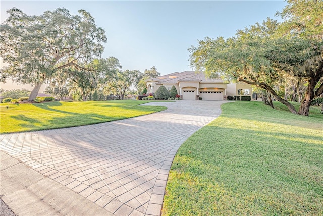 view of front facade featuring a garage and a front lawn