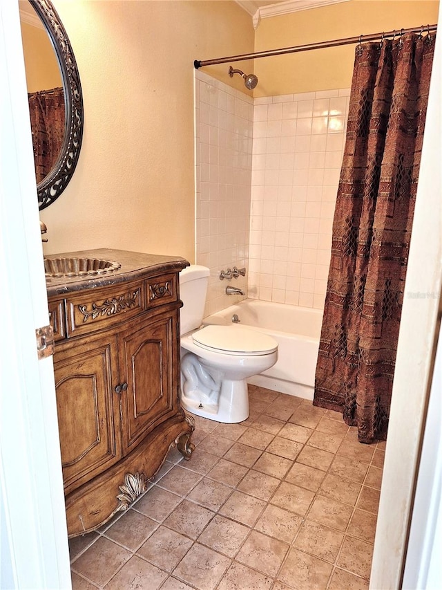 full bathroom with vanity, shower / tub combo with curtain, ornamental molding, tile flooring, and toilet