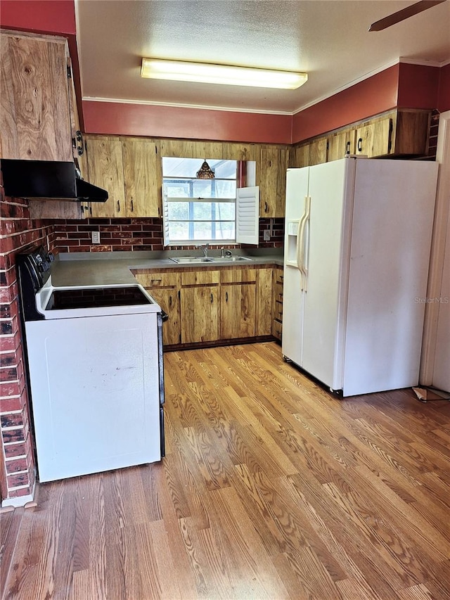 kitchen with sink, white appliances, and light wood-type flooring