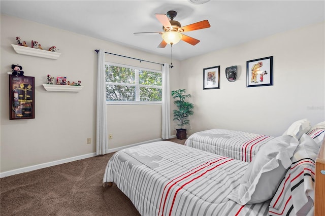 bedroom with ceiling fan and carpet flooring