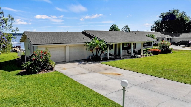 ranch-style home with a garage and a front lawn