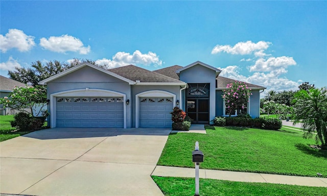 ranch-style house with a garage and a front yard