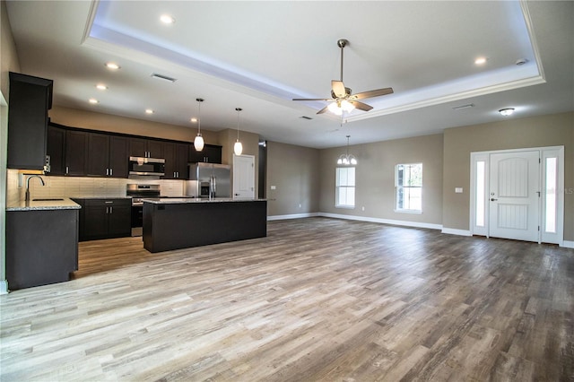 kitchen with a tray ceiling, light hardwood / wood-style flooring, a kitchen island, and appliances with stainless steel finishes