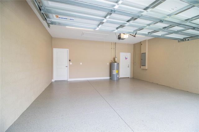 garage with electric panel, electric water heater, and a garage door opener