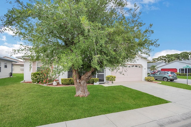 view of property hidden behind natural elements featuring a garage and a front lawn