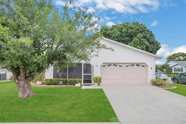 ranch-style house with central AC unit, a front yard, and a garage