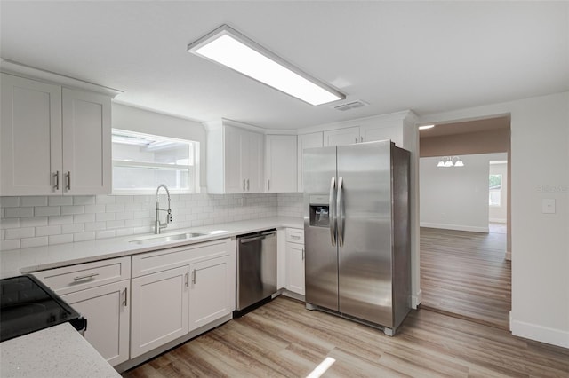 kitchen with backsplash, sink, stainless steel appliances, and light wood-type flooring