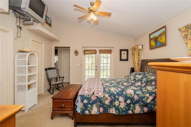 bedroom with crown molding, lofted ceiling, carpet, and ceiling fan