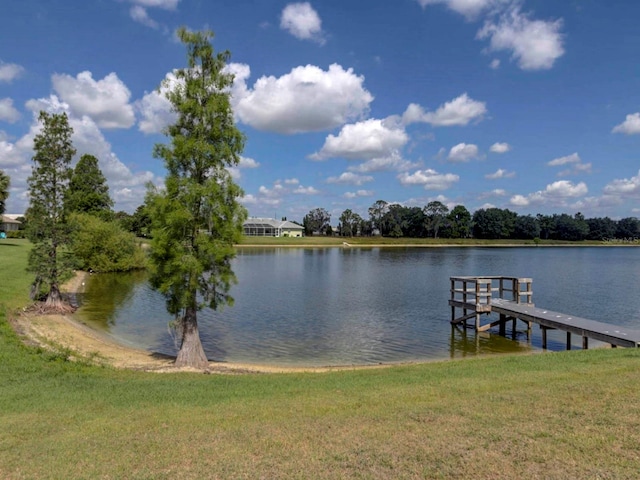 dock area featuring a yard and a water view