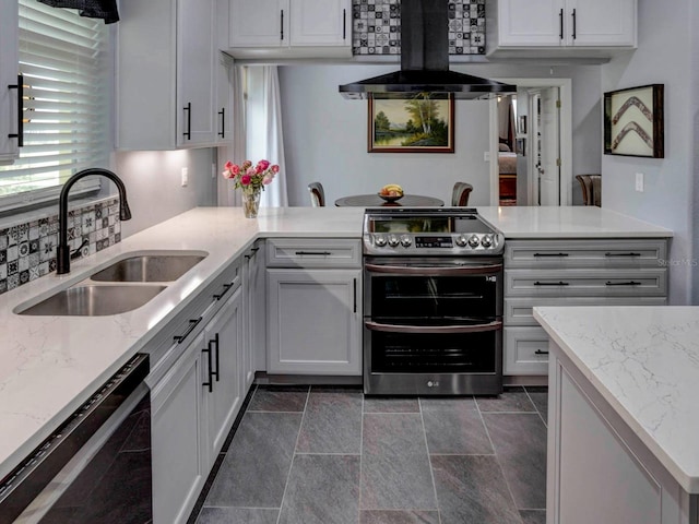 kitchen featuring black dishwasher, wall chimney exhaust hood, dark tile flooring, double oven range, and sink