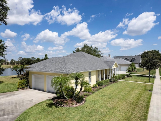 view of front of house with a garage, a water view, and a front yard