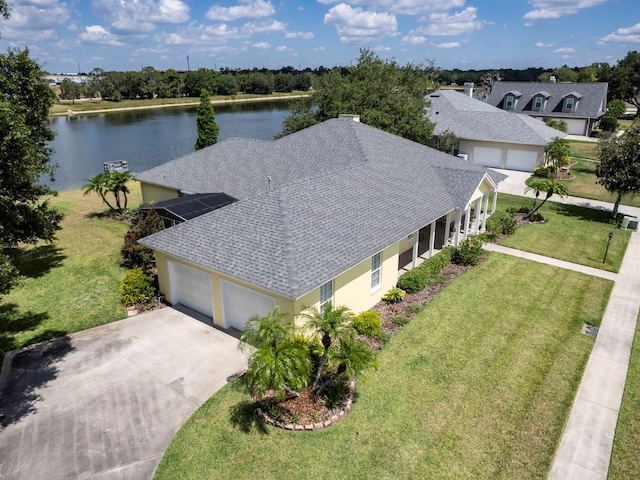 aerial view featuring a water view