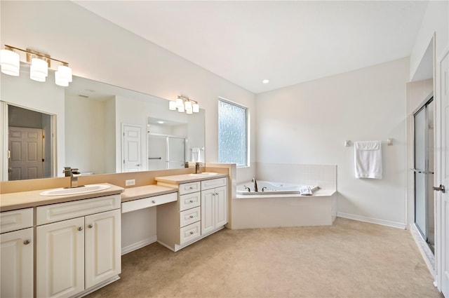 bathroom with vanity and plus walk in shower