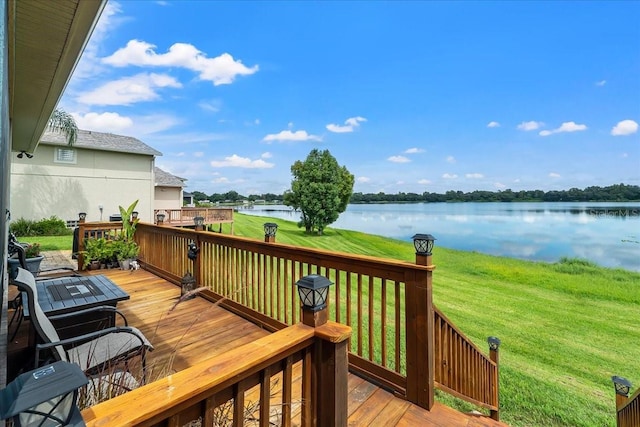 wooden terrace featuring a water view and a yard