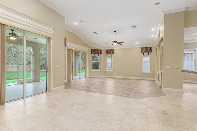 tiled empty room with ceiling fan and ornamental molding