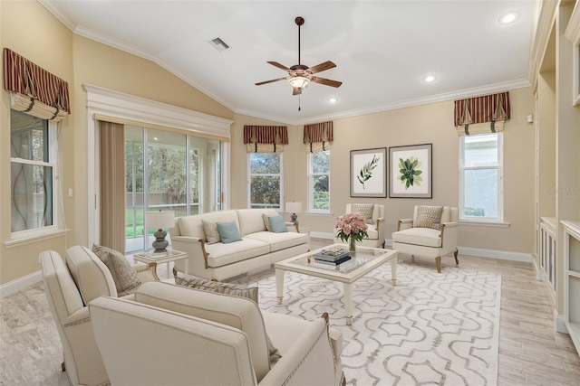 interior space featuring ceiling fan, plenty of natural light, and lofted ceiling