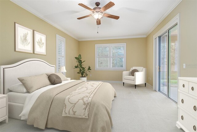 carpeted bedroom with access to outside, ceiling fan, and ornamental molding