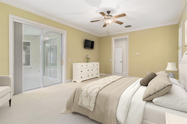 bedroom with access to exterior, ceiling fan, light carpet, and ornamental molding