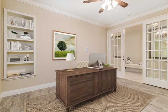 office space with ceiling fan, french doors, built in features, light hardwood / wood-style flooring, and crown molding