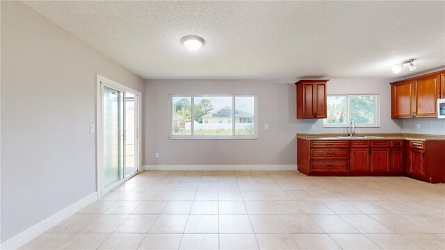 kitchen with sink, plenty of natural light, a textured ceiling, and light tile floors