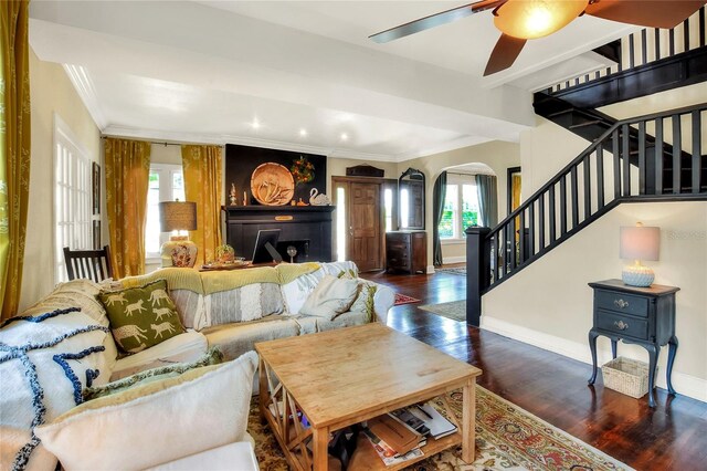 living room featuring ornamental molding, ceiling fan, and dark hardwood / wood-style floors