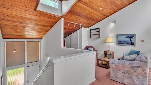 carpeted living room featuring rail lighting, high vaulted ceiling, and wood ceiling