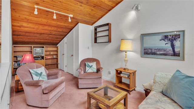 carpeted living room with wood ceiling, track lighting, lofted ceiling, and built in shelves