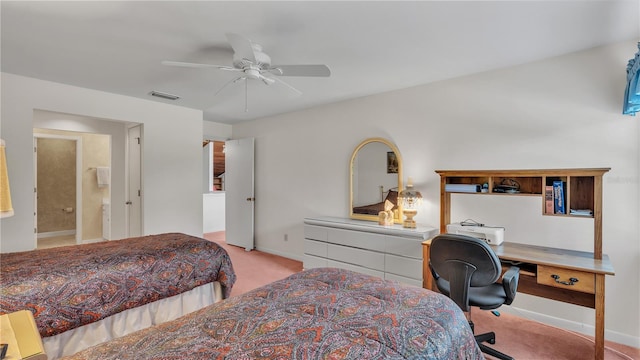 carpeted bedroom with connected bathroom and ceiling fan