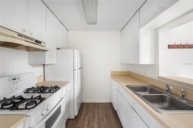 kitchen with white cabinets, dark wood-type flooring, white appliances, and sink