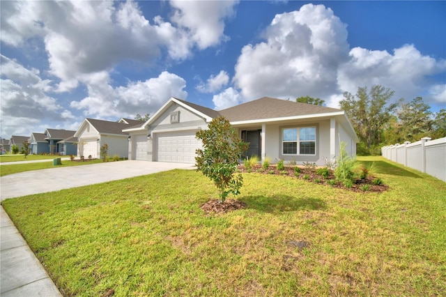 ranch-style house with a garage and a front lawn