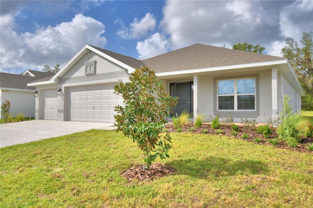 ranch-style home with a garage and a front lawn