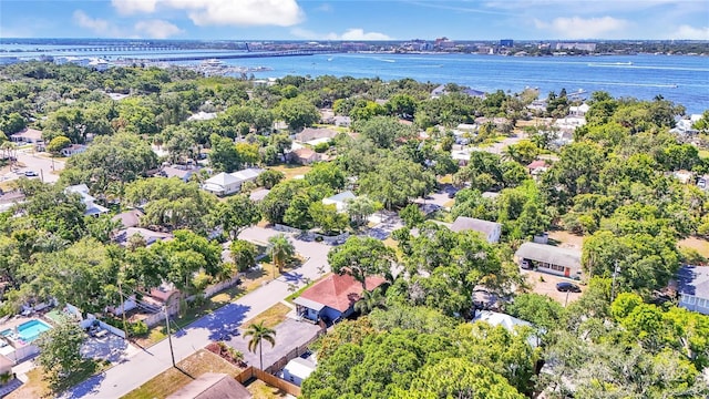 drone / aerial view with a water view