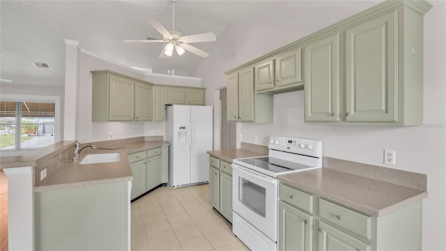 kitchen with ceiling fan, sink, kitchen peninsula, white appliances, and light tile patterned flooring