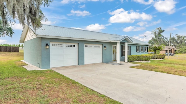 ranch-style house with a front yard and a garage