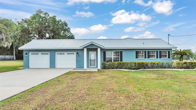 6110 Downing St, Dover, FL 33527 - ranch-style house with stucco siding, an attached garage, driveway, a front lawn, and a metal roof