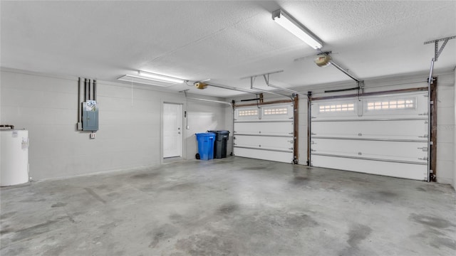 garage with electric panel, a garage door opener, and water heater